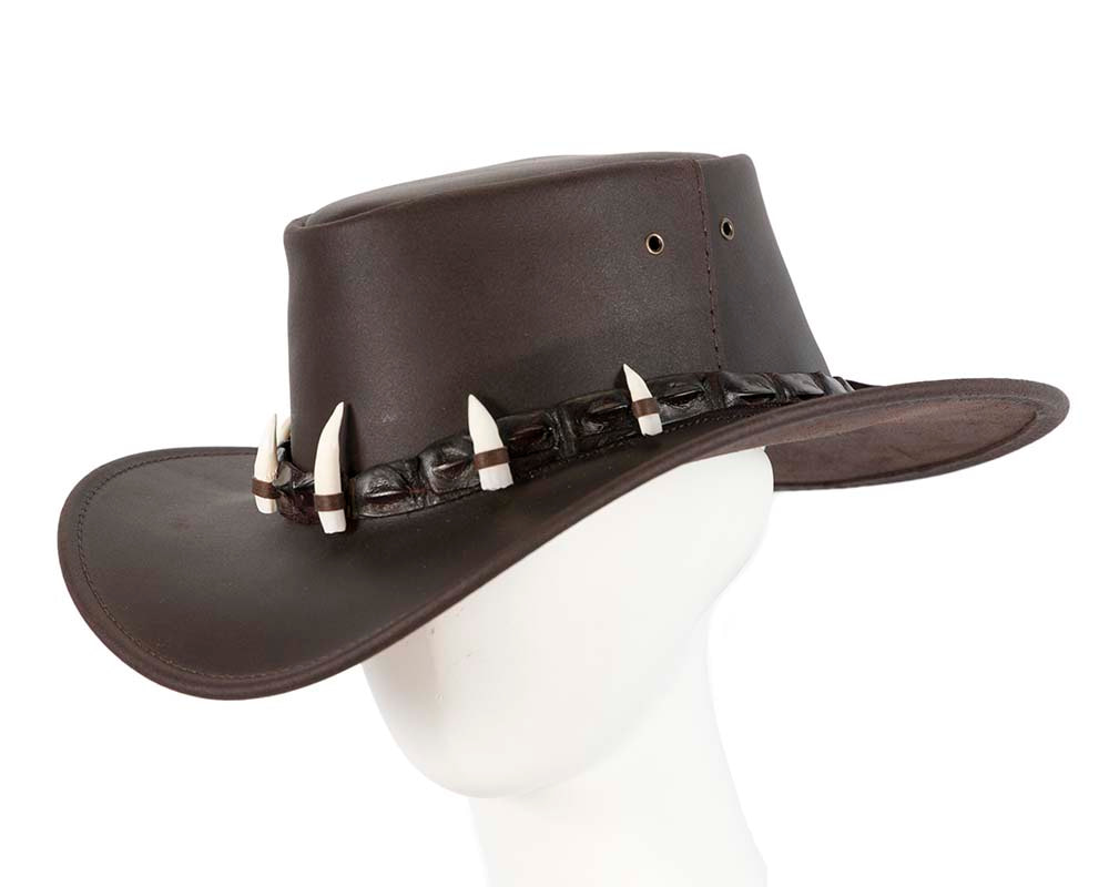 Brown Australian Leather Outback Jacaru Hat with Crосоdile Teeth - Hats From OZ