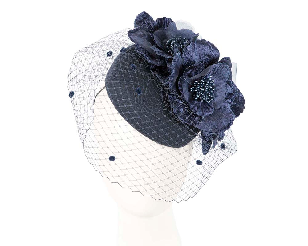 Navy winter racing felt pillbox with flower and veiling by Fillies Collection - Hats From OZ