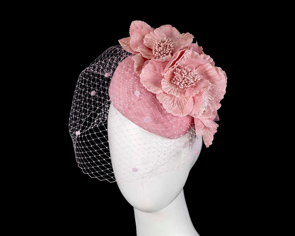 Pink winter racing felt pillbox with flower and veiling by Fillies Collection - Hats From OZ