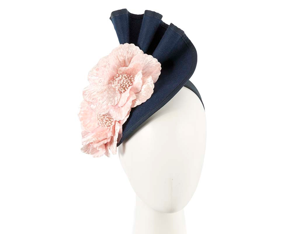 Large navy felt winter fascinator with pink flower by Fillies Collection - Hats From OZ