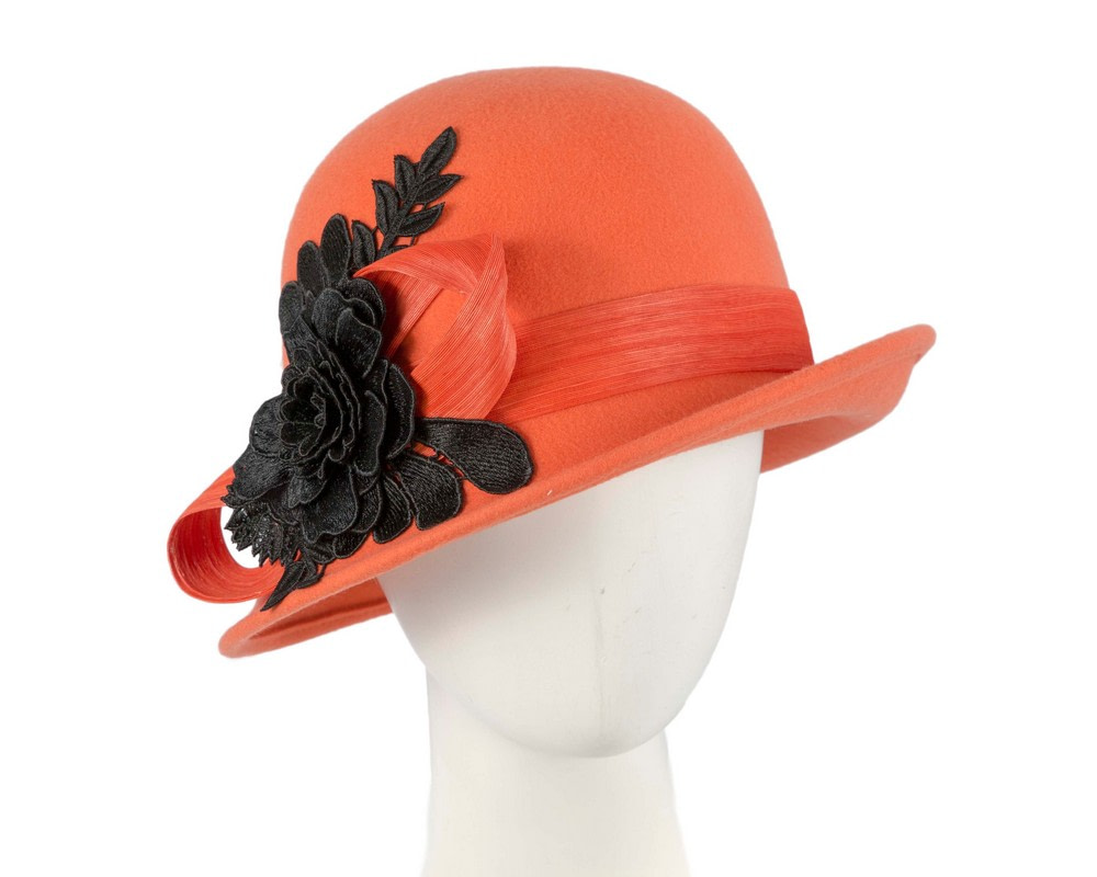 Orange felt cloche hat with lace by Fillies Collection - Hats From OZ