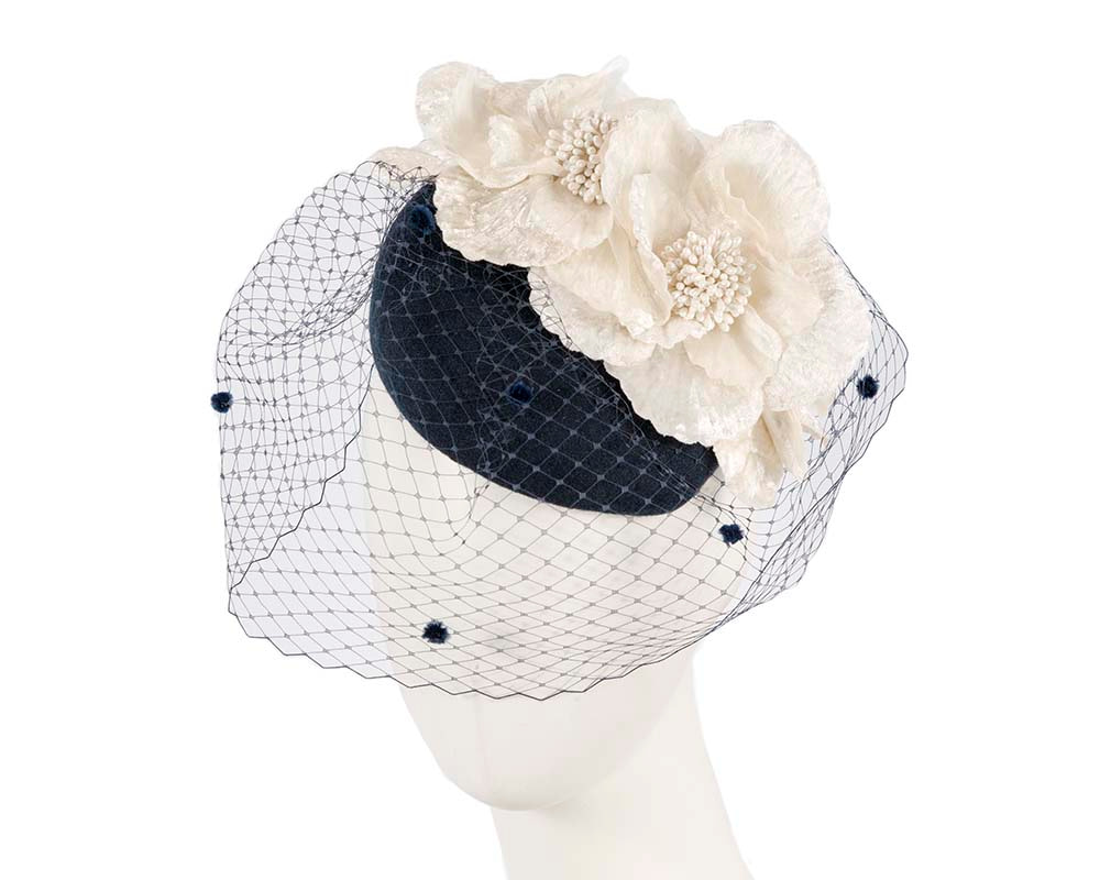 Navy cream felt pillbox with flower and veiling for winter racing - Hats From OZ