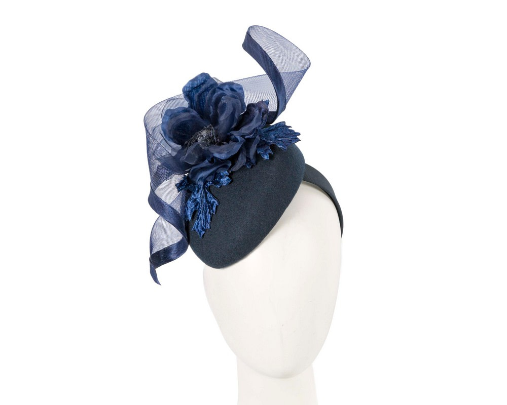 Navy winter pillbox fascinator with flower - Hats From OZ