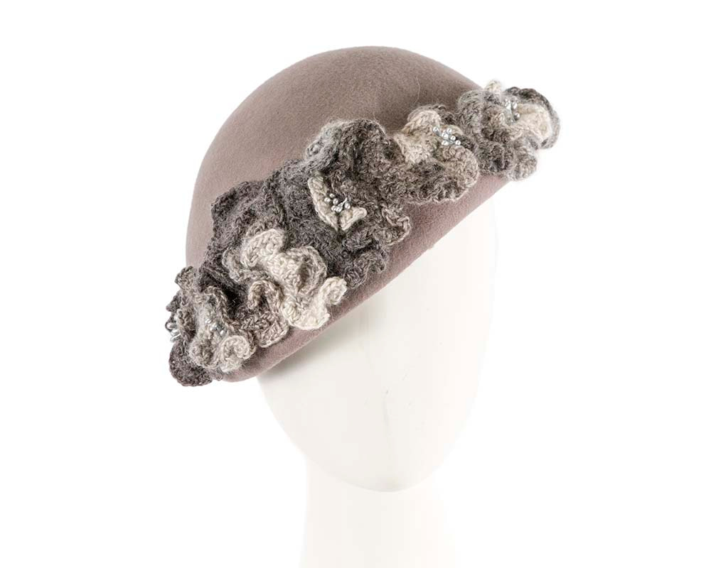 Grey felt beret with crocheted trim CU438 - Hats From OZ