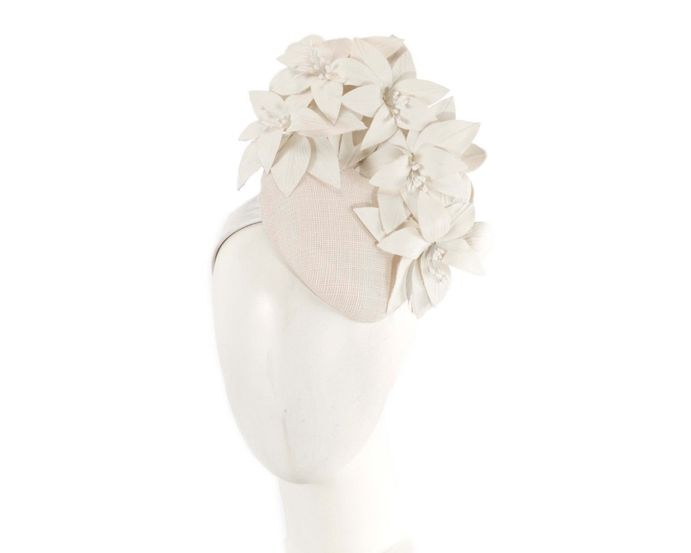 Cream pillbox with leather flowers by Fillies Collection - Hats From OZ