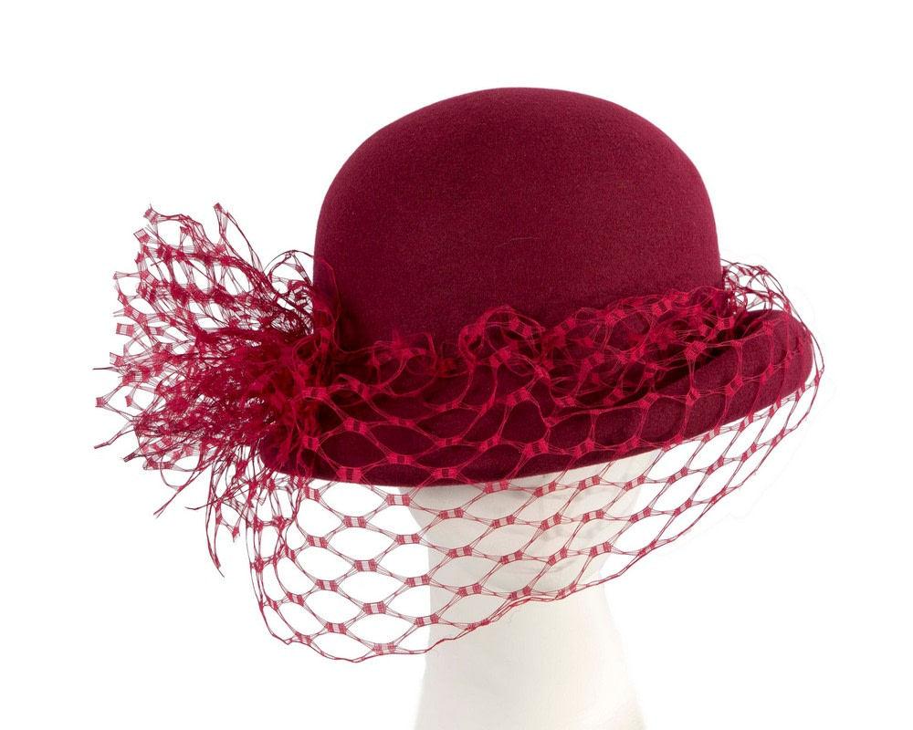 Burgundy wine winter felt cloche hat with face veil - Hats From OZ