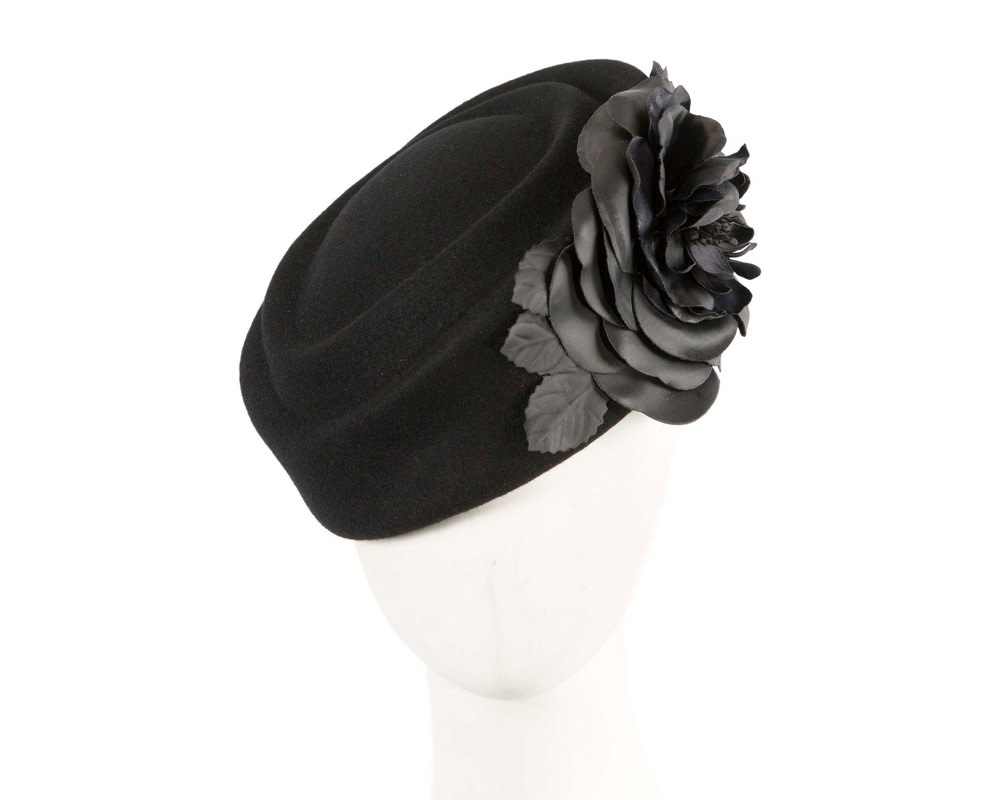 Large black felt beret with leather flower - Hats From OZ