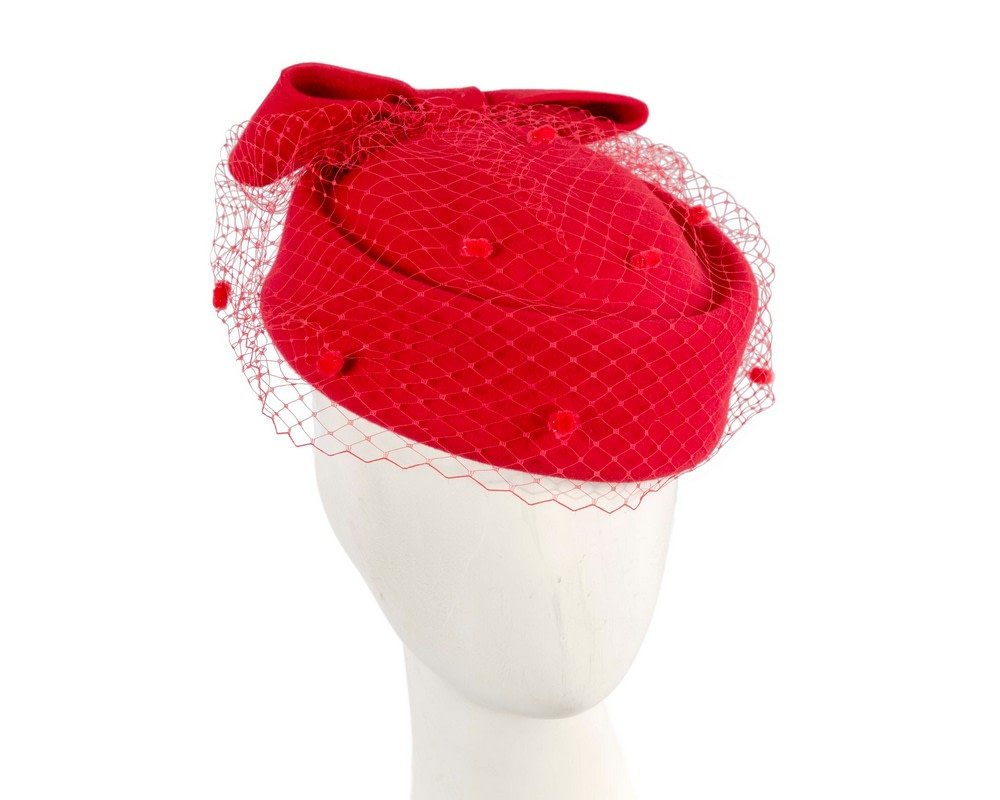 Red felt pillbox hat with face veil by Max Alexander - Hats From OZ