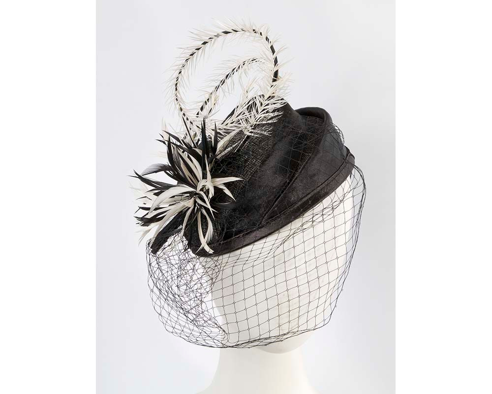 Black and Cream pillbox fascinator with face veil - Hats From OZ