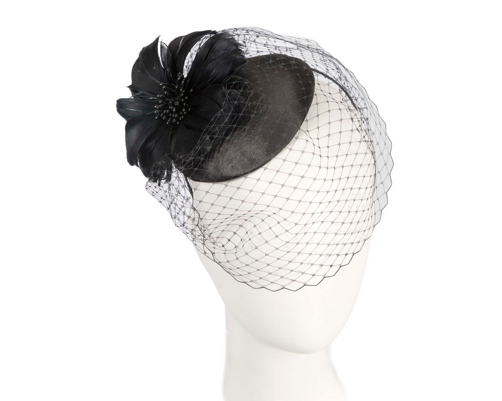 Black fascinator with feather and veil - Hats From OZ