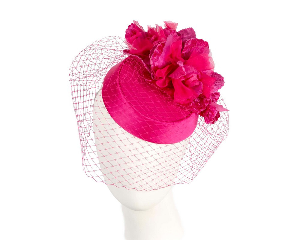 Custom made fuchsia pillbox hat with flowers & face veiling - Hats From OZ