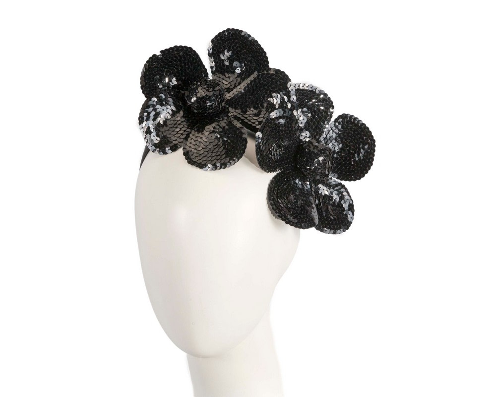 Shiny black flower fascinator by Max Alexander - Hats From OZ