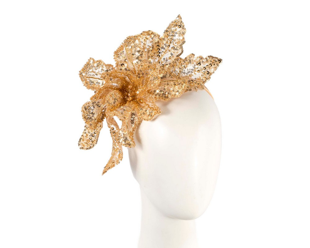 Shiny gold lace fascinator by Fillies Collection - Hats From OZ