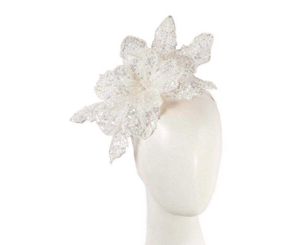 Shiny white lace fascinator by Fillies Collection - Hats From OZ