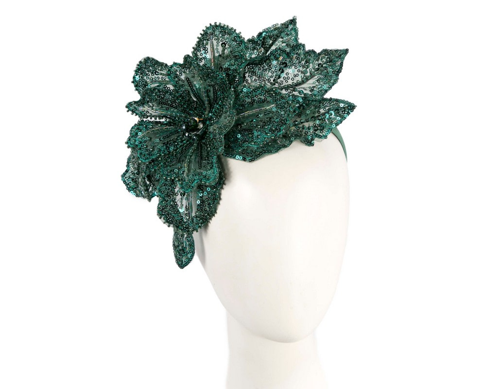 Shiny dark green lace fascinator by Fillies Collection - Hats From OZ