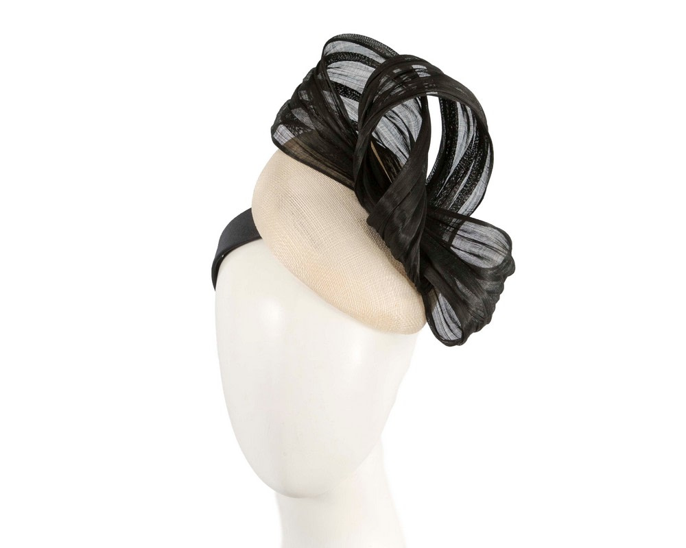 Cream & Black pillbox fascinator with silk abaca bow by Fillies Collection - Hats From OZ