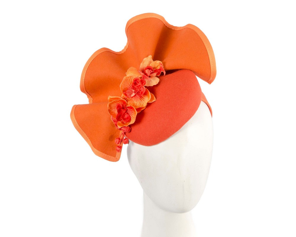 Orange winter pillbox fascinator with flowers by Fillies Collection - Hats From OZ