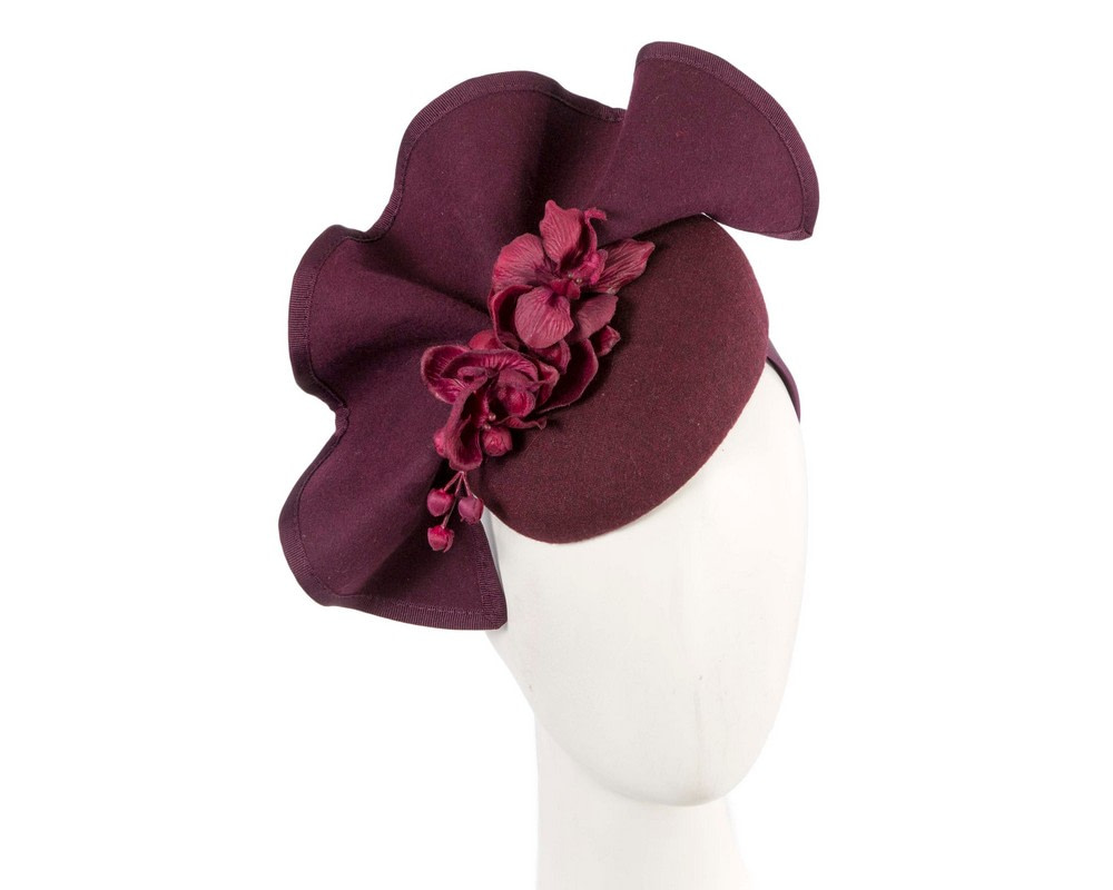 Burgundy winter pillbox fascinator with flowers by Fillies Collection - Hats From OZ