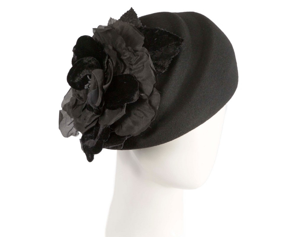 Black Wool Hat with Floral Accent - Winter Elegance - Hats From OZ