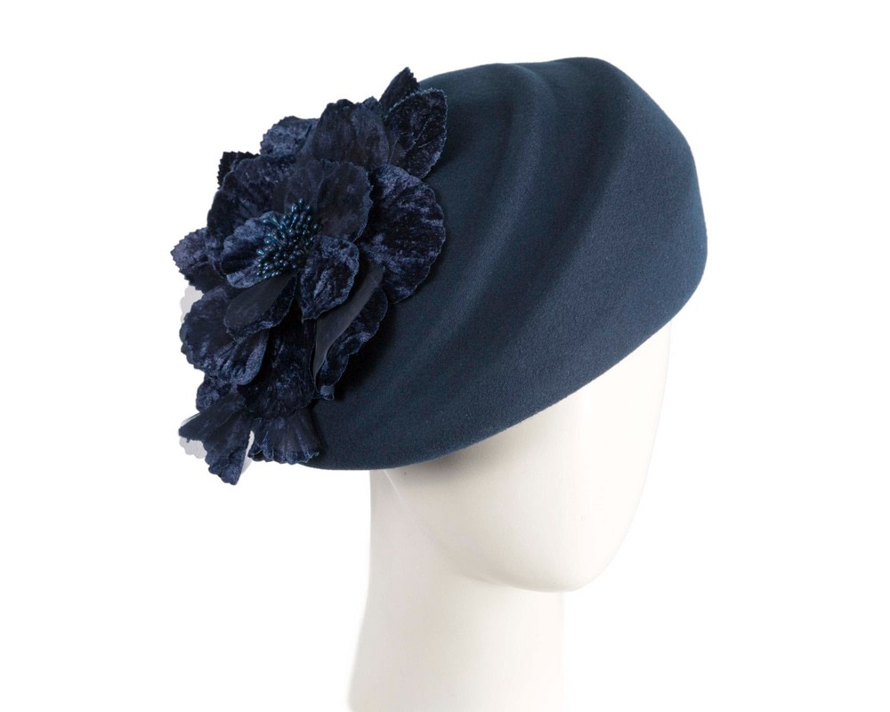 Navy Wool Hat with Floral Accent - Winter Elegance - Hats From OZ