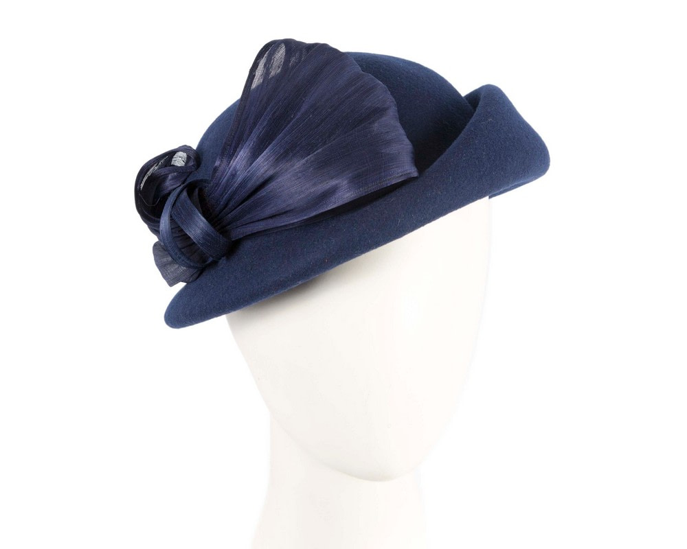 Elegant Navy Felt Hat with Silk Abaca Trim by Fillies Collection - Hats From OZ