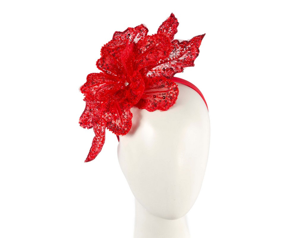 Shiny red lace fascinator by Fillies Collection - Hats From OZ