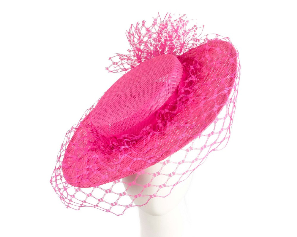 Fuchsia boater hat with face veil by Fillies Collection - Hats From OZ