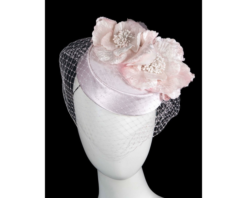 Custom made pink pillbox hat with flowers & face veiling - Hats From OZ