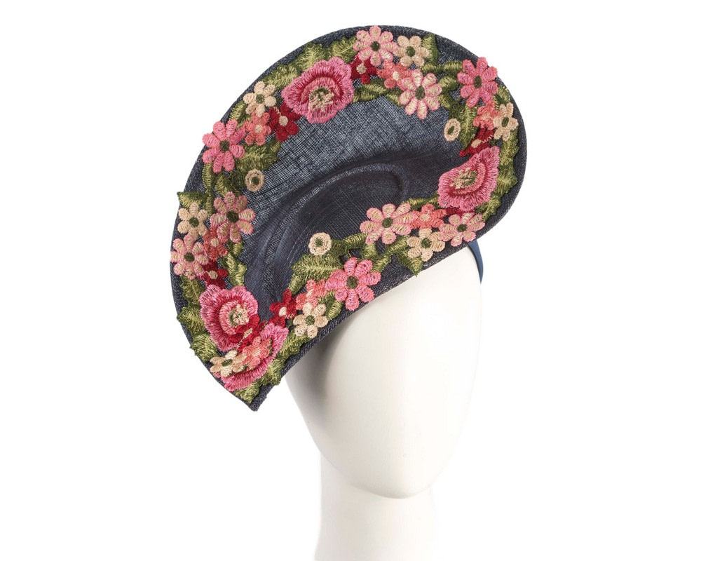Floral Embroidered Navy Fascinator by Fillies Collection - Hats From OZ
