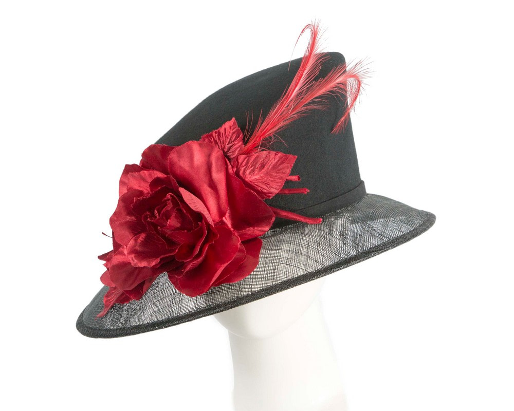 Exclusive black ladies winter fashion hat with red flower by Cupids Millinery - Hats From OZ
