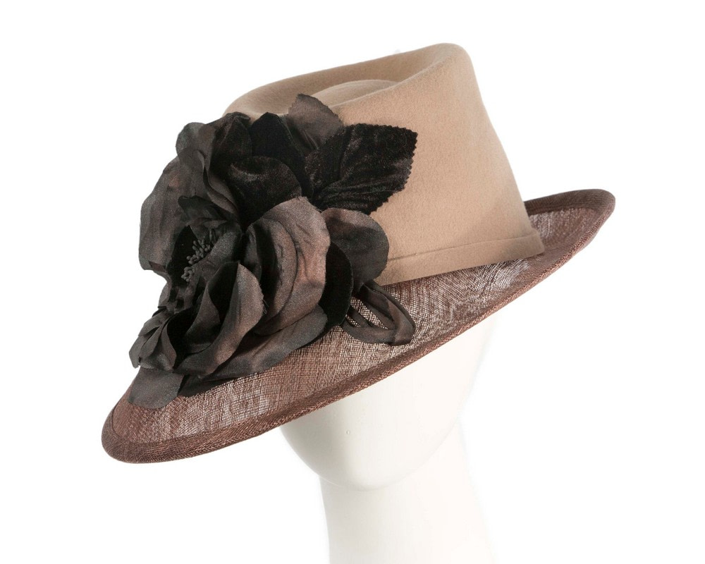 Exclusive coffee ladies winter fashion hat with flower by Cupids Millinery - Hats From OZ