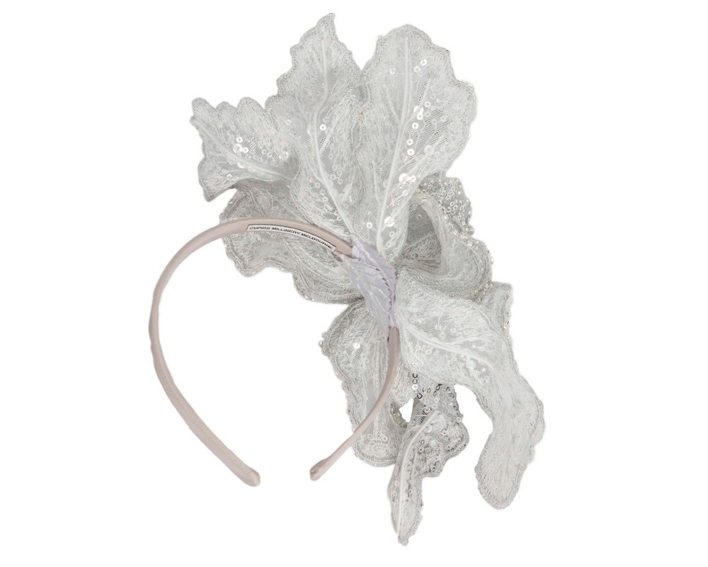 Shiny Silver lace fascinator by Fillies Collection - Hats From OZ Shiny Silver lace fascinator by Fillies Collection - Image 4