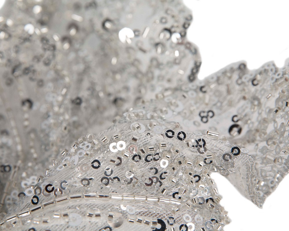 Shiny Silver lace fascinator by Fillies Collection - Hats From OZ Shiny Silver lace fascinator by Fillies Collection - Image 3