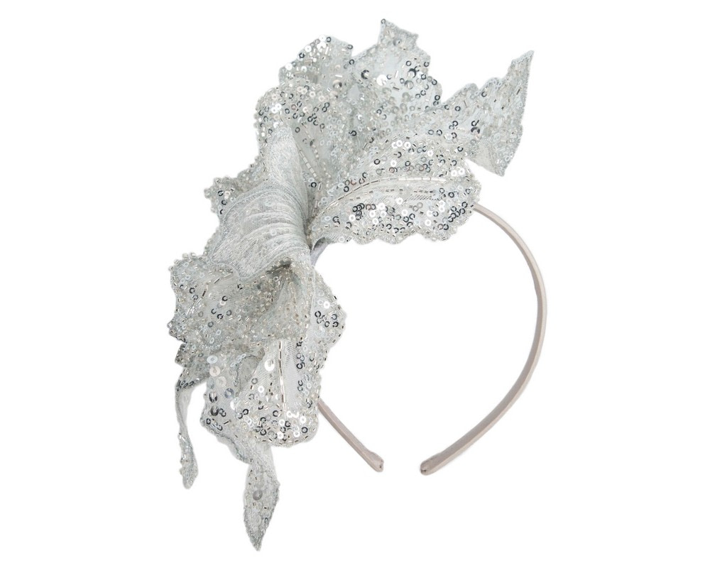 Shiny Silver lace fascinator by Fillies Collection - Hats From OZ Shiny Silver lace fascinator by Fillies Collection - Image 2