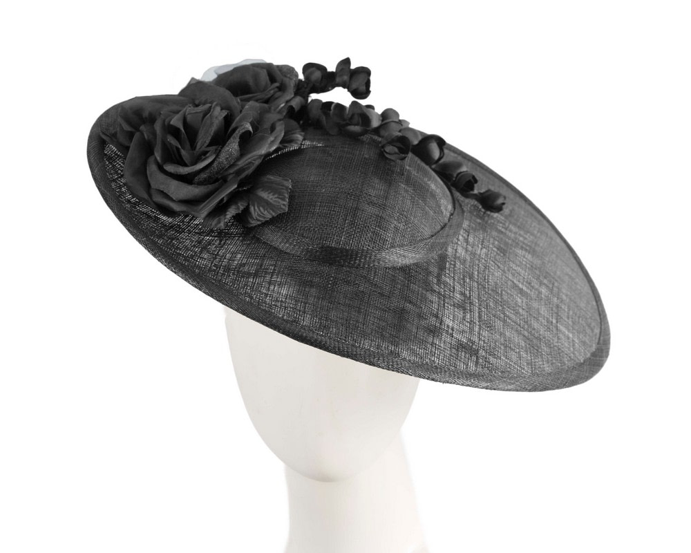 Large black sinamay fascinator hat with flowers by Max Alexander - Hats From OZ