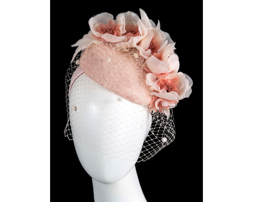 Blush flower pillbox with face veil by Fillies Collection - Hats From OZ