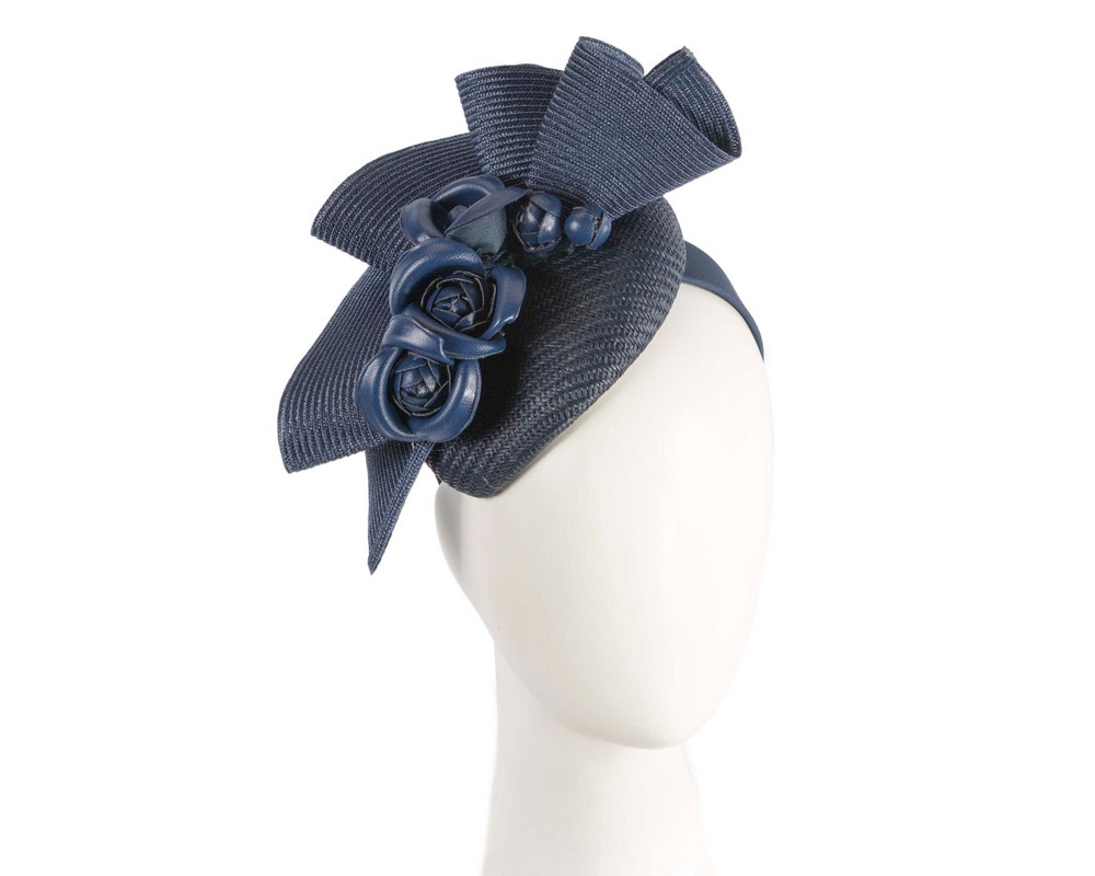 Navy pillbox with leather flowers by Fillies Collection - Hats From OZ