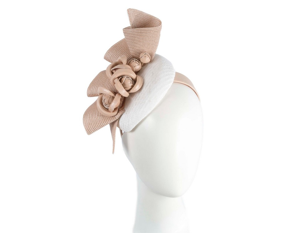 White & nude pillbox with leather flowers by Fillies Collection - Hats From OZ