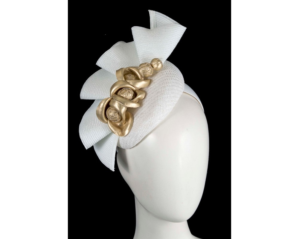 White pillbox with gold leather flowers by Fillies Collection - Hats From OZ