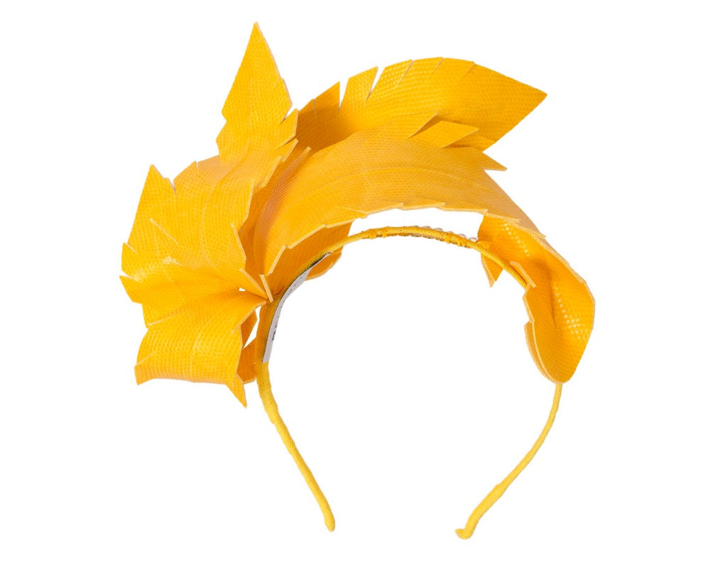 Bespoke yellow leather fascinator by BELIEVERA - Hats From OZ Bespoke yellow leather fascinator by BELIEVERA - Image 2
