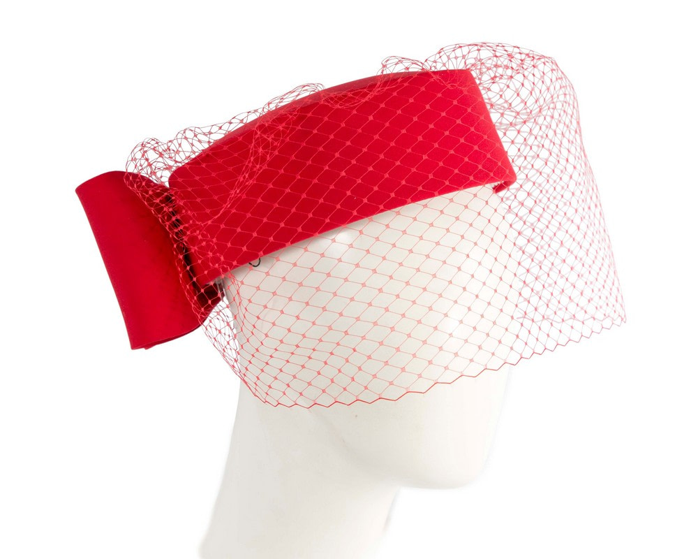 Exclusive large red pillbox hat with veil by Cupids Millinery - Hats From OZ Exclusive large red pillbox hat with veil by Cupids Millinery