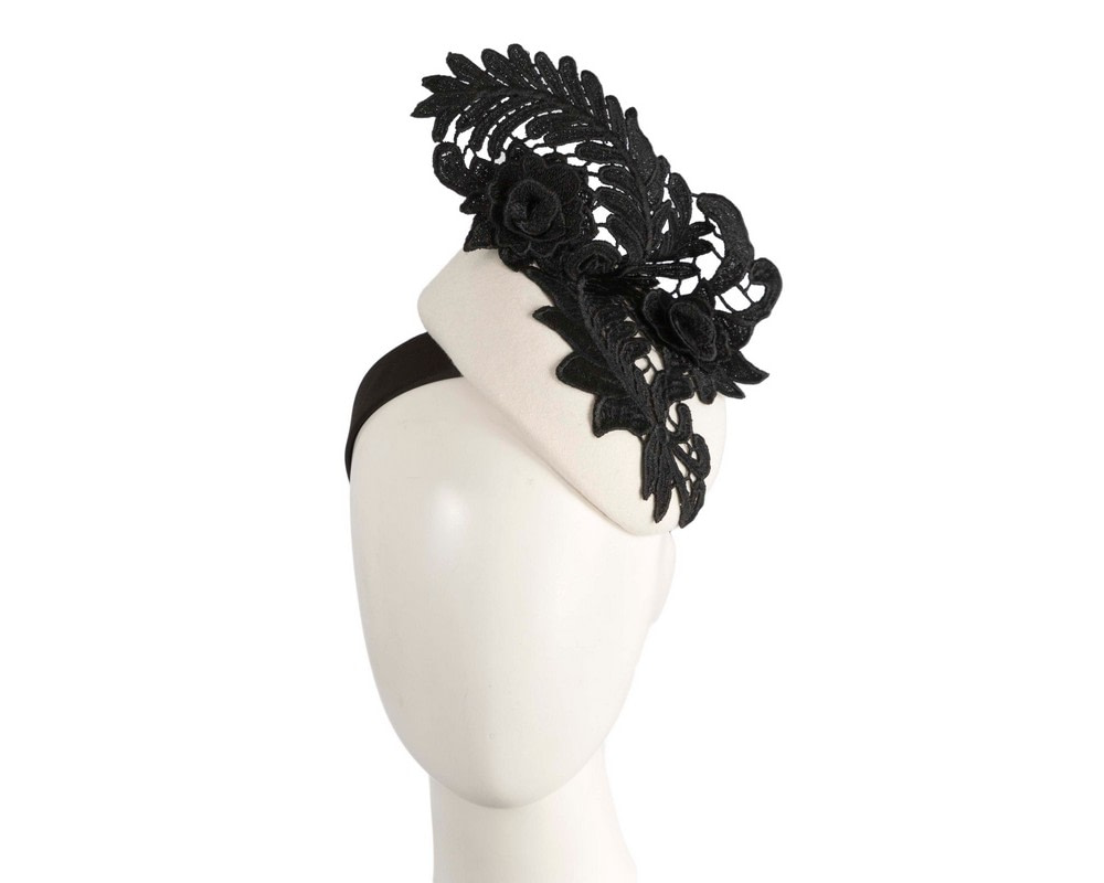 Elegant Cream & Black Pillbox Fascinator with Lace Details - Hats From OZ