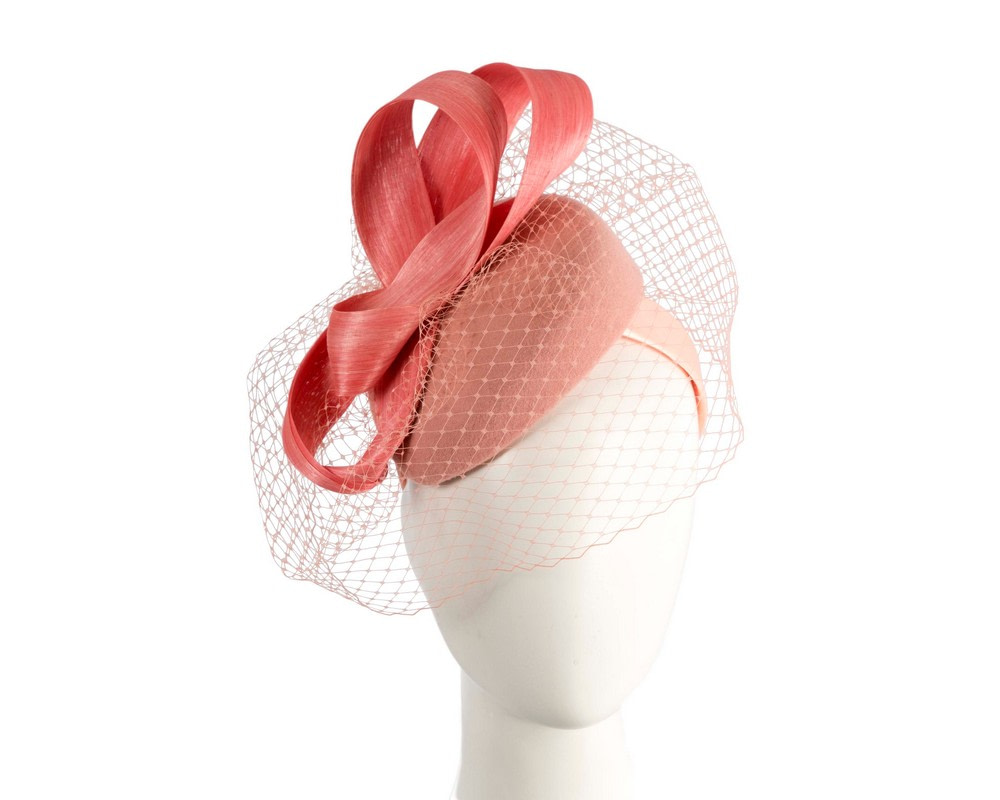 Coral winter pillbox with face veil by Fillies Collection - Hats From OZ