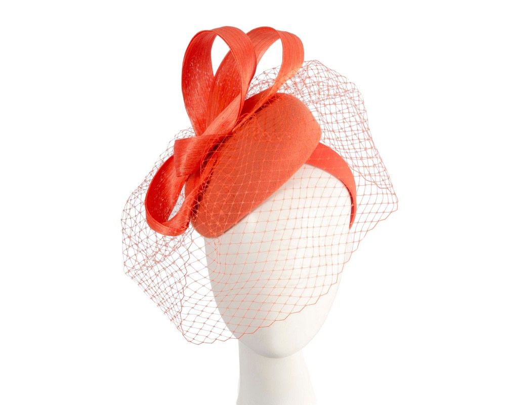 Orange winter pillbox with face veil by Fillies Collection - Hats From OZ