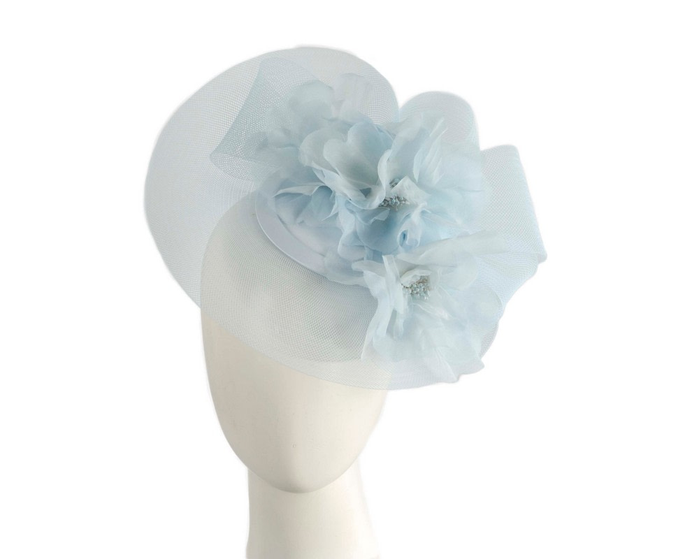 Custom made light blue cocktail hat with flowers - Hats From OZ | K5021LBL Custom made light blue cocktail hat with flowers - Hats From OZ