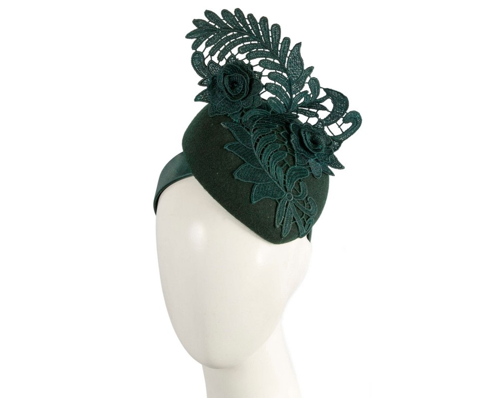 Elegant Dark Green Pillbox Fascinator with Lace Details - Hats From OZ