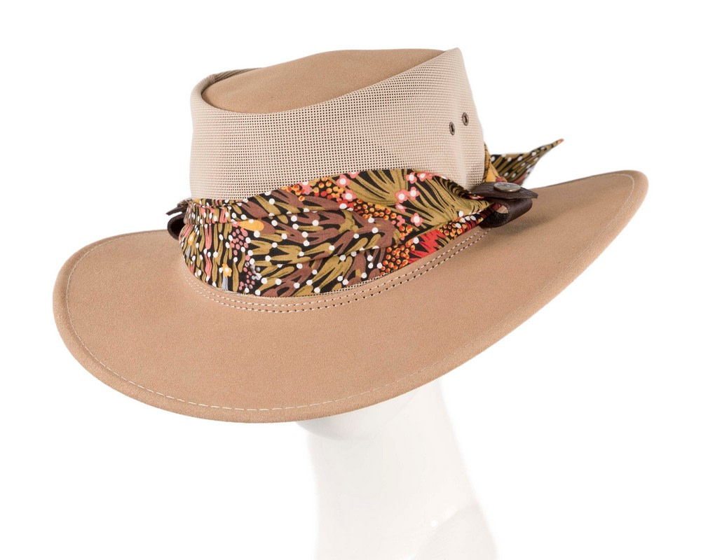 Beige Australian Suede Leather Hat Aboriginal Scarf - Hats From OZ UK