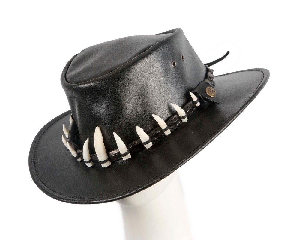 Black Australian Leather Outback Jacaru Hat with 11 Crосоdile Teeth - Hats From OZ UK