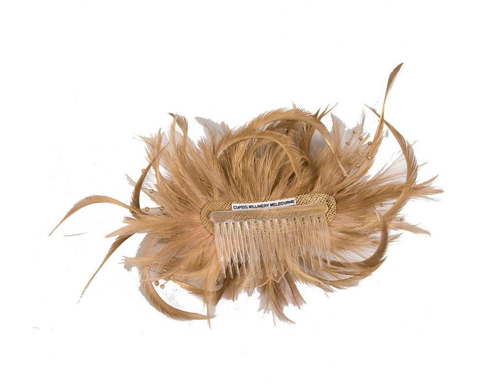 Gold custom made feather fascinator comb - Hats From OZ UK Gold custom made feather fascinator comb - Image 4