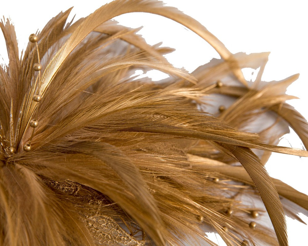 Gold custom made feather fascinator comb - Hats From OZ UK Gold custom made feather fascinator comb - Image 3